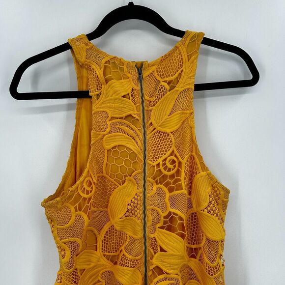 LOVERS + FRIENDS Yellow Marigold Floral Lace Scalloped Caspian Mini Dress Medium - Picture 8 of 10